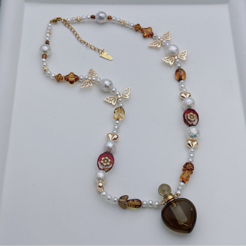 X679 Handmade Freshwater Baroque Pearl Smokey Quartz Perfume Bottle Necklace